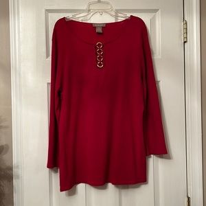 Kenar Red Long Sleeve Soft Knit Top with Gold Embellishment Sz XL